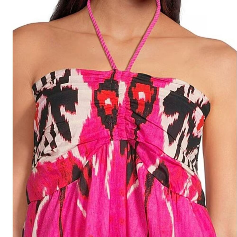 Ro's Garden Denise Halter Tie Gathered Tiered Maxi Dress | Sz XL Pink Black Ikat - Picture 3 of 16